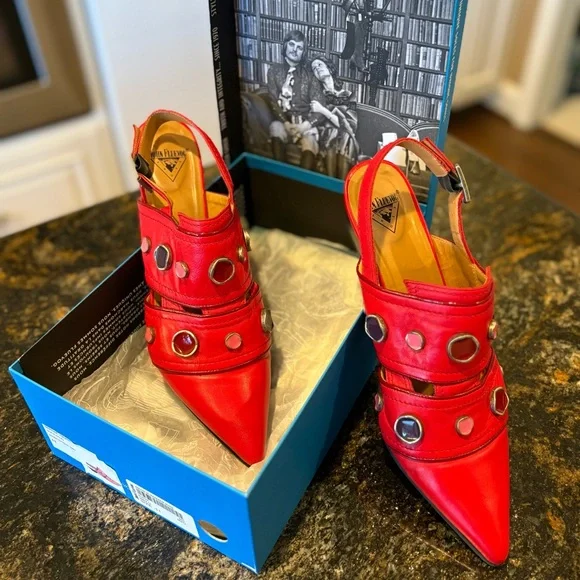 John Fluevog Red Slingback Heels with Gold Accents “Serena” - Picture 2 of 7